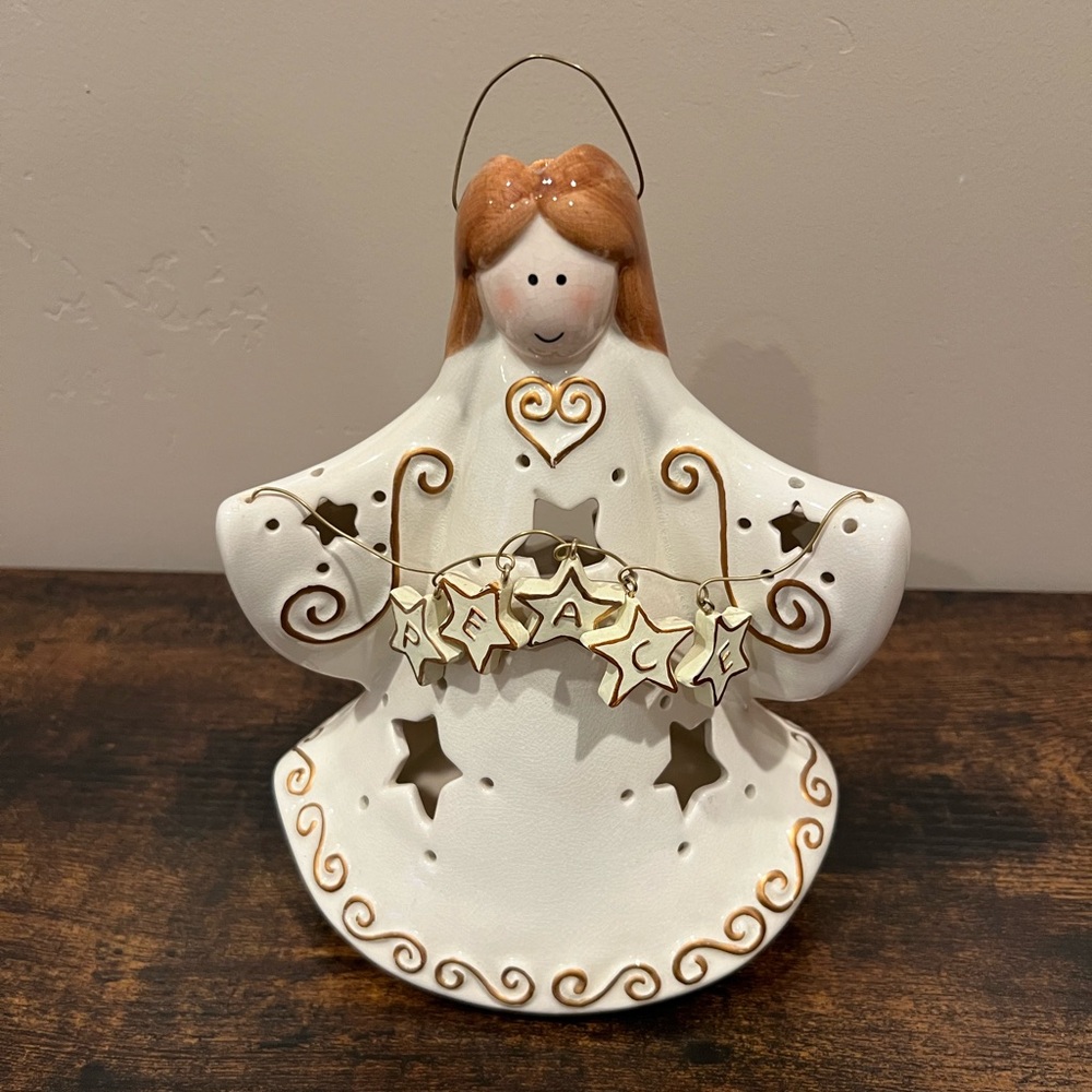 Ceramic Angel Tealight Holder - White and Gold